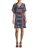 Flutter-Sleeve Floral-Print Silk Dress, Red/Multi
