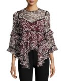 Woodcut Floral Melodie Silk Top, Multicolor