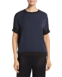 Contrast-Trim Silk Tee, Blue/Black