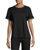 Ruffle-Sleeve Crewneck T-Shirt, Black