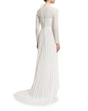 Long-Sleeve Pleated Lace-Trim Gown, Off White