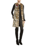 Jade Leopard-Print Faux-Fur Vest w/Floral Pins