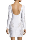 Long-Sleeve Sequined Lace Cocktail Dress, White