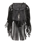 Anita Toy Flat Fringe Croc-Embossed Crossbody Bag, Black