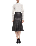 Flared Leather Godet Midi Skirt, Black