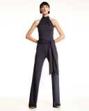 Sleeveless Halter Jumpsuit with Sash, Maritime