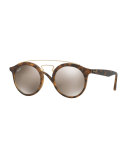 Round Mirrored Brow-Bar Sunglasses, Brown/Gold