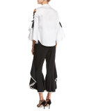 Lace-Up Bell-Sleeve Poplin Shirt, White/Black