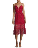 Sleeveless Floral-Lace Midi Dress, Raspberry