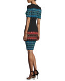 Metallic Jacquard Short-Sleeve Dress, Caviar/Multi