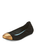 Suede Cap-Toe Ballerina Flat, Black/Gold