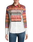 Printed Poplin Long-Sleeve Blouse, White/Gold