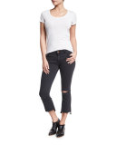 Lara Cropped Flare-Leg Jeans with Ripped Knee, Black