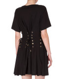 Short-Sleeve Laced Fit-and-Flare Dress, Black