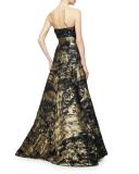 Sequined Strapless Ribbon Toile Gown, Gold/Black