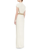 Embroidered-Waist Cap-Sleeve Gown, Ivory