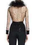Ruffle-Neck Sequined Sheer Blouse, Black
