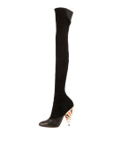 Suede Enamel-Heel Over-The-Knee Boot, Black