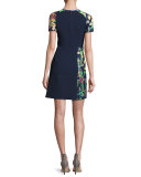 Short-Sleeve Floral Jacquard Sheath Dress, Navy