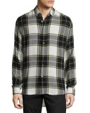 Flannel Plaid Back-Patch Shirt, Black/White/Yellow