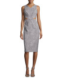Sleeveless Printed Cutout Sheath Dress, Gray/White