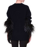 V-Neck Feather-Trim Fur Sweater, Black