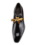 Arca Patent Leather Derby Shoe with Gold Piping, Black
