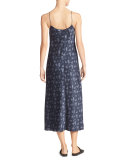 Calico Floral Silk Satin Midi-Length Slip Dress, Navy