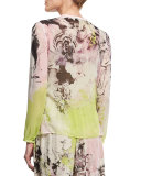 Kimono Floral-Print Button-Front Blouse, Yellow/Pink