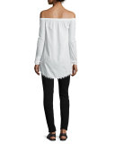 Long-Sleeve Poplin Off-the-Shoulder Shirtdress, Soft White