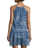 Tamara Sleeveless Tiered Mini Dress, Blue Pattern