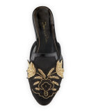 Patrizia Embroidered Slip-On Flat Mule, Black/Gold