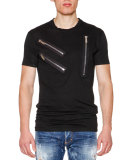 Zipper-Detail Crewneck Short-Sleeve Tee, Black