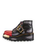 Buckle Leather 60mm Hiking Boot, Black/Scarlet (Nero/Scarlatto)