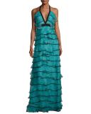 Tiered Silk Organza Halter Gown, Teal