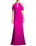 Draped-Shoulder Stretch Crepe Gown, Magenta