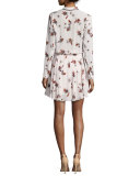 Campbell Long-Sleeve Floral Silk Dress, Light Pink/Multicolor