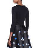 3/4-sleeve ruffle-trim sweater, black