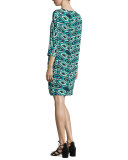3/4-Sleeve Geometric-Print Silk Shift Dress, Teal