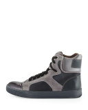 Mixed-Media High-Top Sneaker, Black/Beige