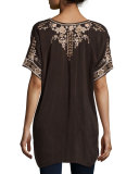 Oasis Short-Sleeve Embroidered Tunic, Dark Cocoa