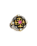 Ornate Mother-of-Pearl Ring with Crystal Quartz Over Pink Sapphire & Tourmaline
