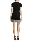 Short-Sleeve Lace-Trim Pleated A-Line Dress, Nero