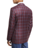 Plaid Wool Two-Button Sport Coat, Berry Red/Blue