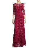 3/4-Sleeve Floral Lace Gown, Flame