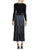 Long-Sleeve V-Neck Pleated Dress, Blue/Multi