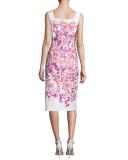 Sleeveless Floral Belted Sheath Dress, White/Pink