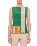 Sleeveless Bateau-Neck Flower-Farm-Print Blouse, Multi Colors