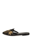 Patrizia Embroidered Slip-On Flat Mule, Black/Gold