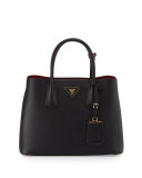 Saffiano Cuir Double Small Tote Bag, Black/Red (Nero+Fuoco)